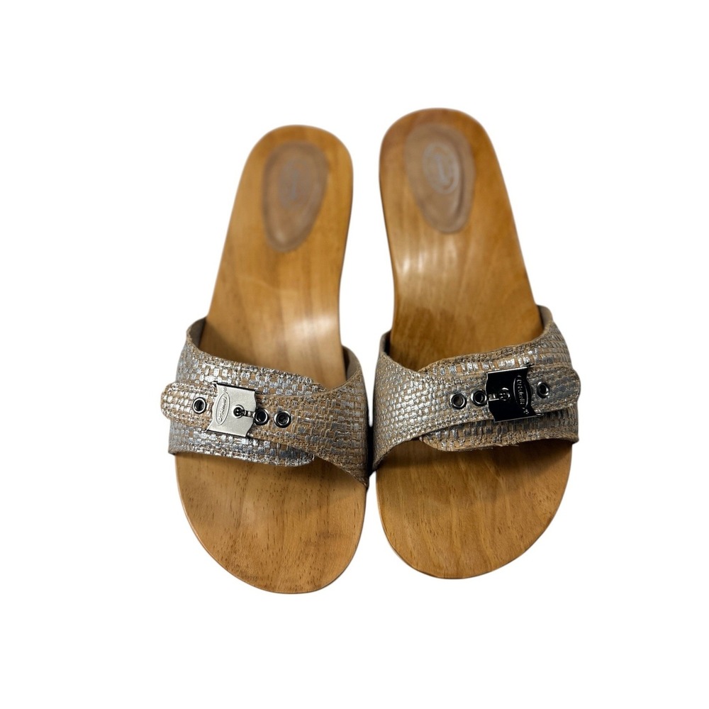 Dr Scholls Flex Silver Rafia Sandals Womens 10 Silver Wood Clog NIB